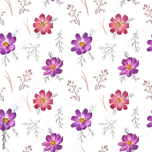 Weightless and airy seamless pattern with bright cosmos flowers and herbs on a white background. Perfect for textile  wrapping paper and fashion design. 