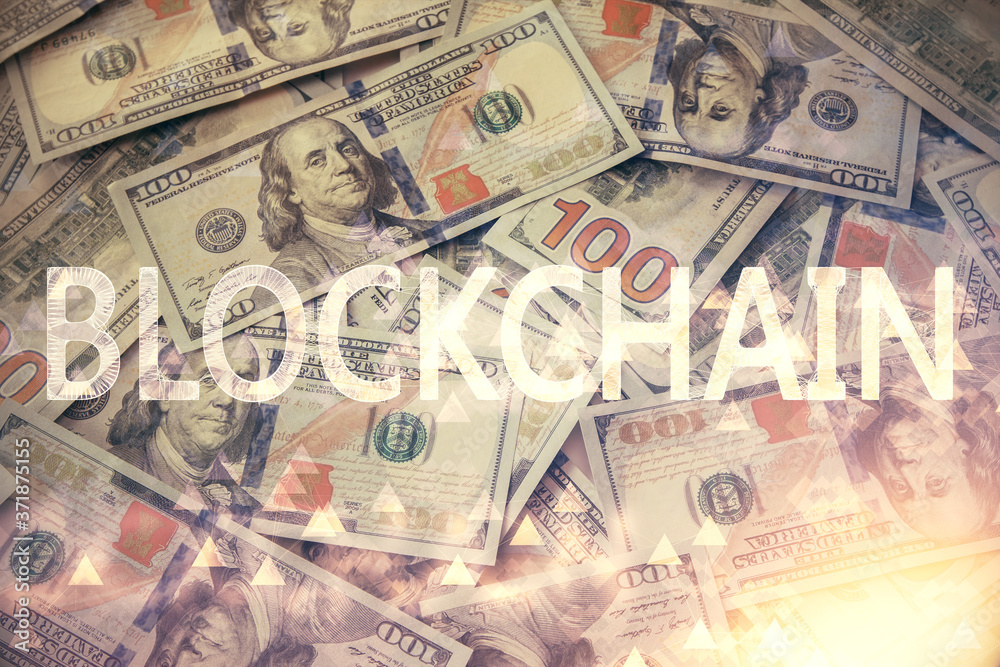 Multi exposure of crypto theme drawing over us dollars bill background. Concept of blockchain success. Multi exposure of crypto theme drawing over us dollars bill background. Concept of blockchain success.