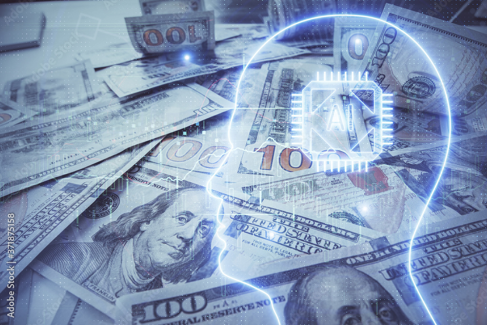 Double exposure of brain drawing over us dollars bill background. Technology concept.