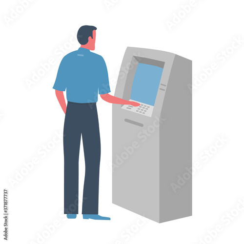 Man withdraws money from an ATM. Man uses terminal. Vector illustration in flat style.