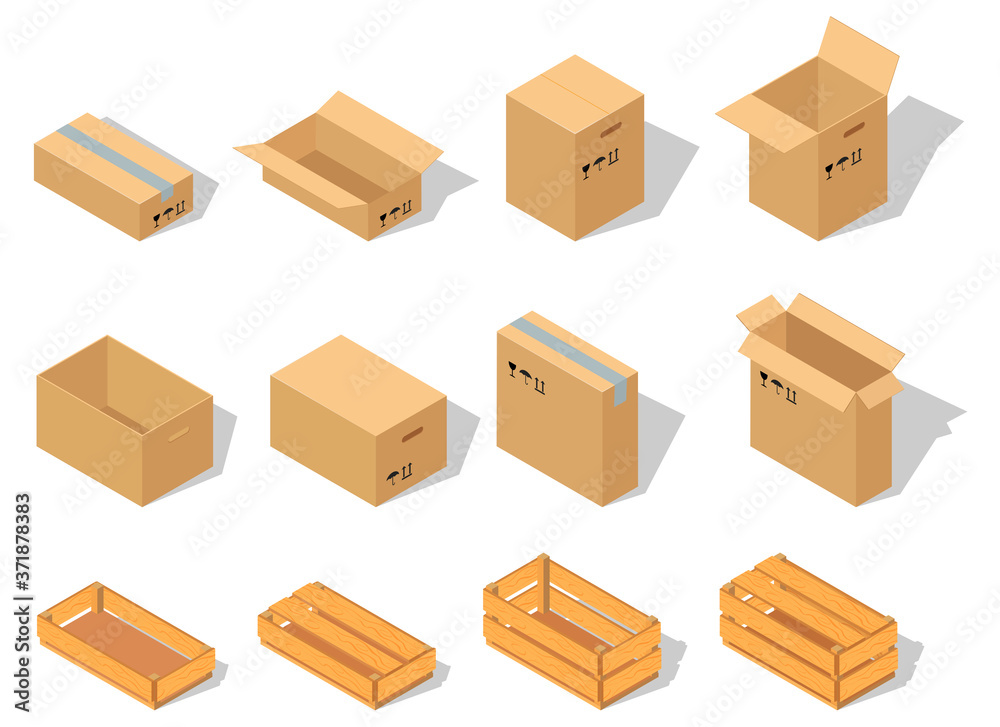 A set of cardboard boxes and wooden boxes.Cardboard and wooden boxes in different angles, closed and open.Isometric vector illustration. A set of cardboard boxes and wooden boxes.Cardboard and wooden boxes in different angles, closed and open.Isometric vector illustration.