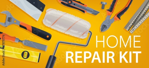 Repair, home construction and building toolbox, vector house tool equipment and DIY works kit. Woodwork and masonry work tools screwdriver, wrench and ruler, painting roller and plastering spatula
