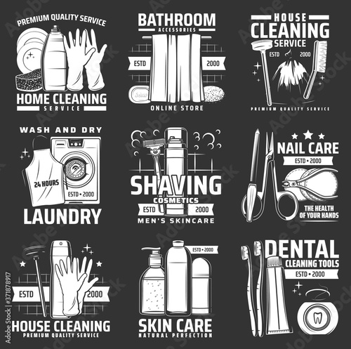 Hygiene body and skin care icons. Vector washing machine, rubber gloves and bath curtain, safe razor and shampoo. Home cleaning supplies, cosmetics and bathroom accessories isolated monochrome icons