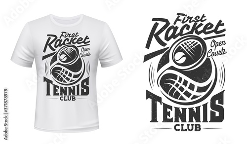Tennis club vector t-shirt mockup with print of racket and ball on white apparel template. Tennis game sports team. Monochrome emblem, first racket open court. T-shirt print mockup