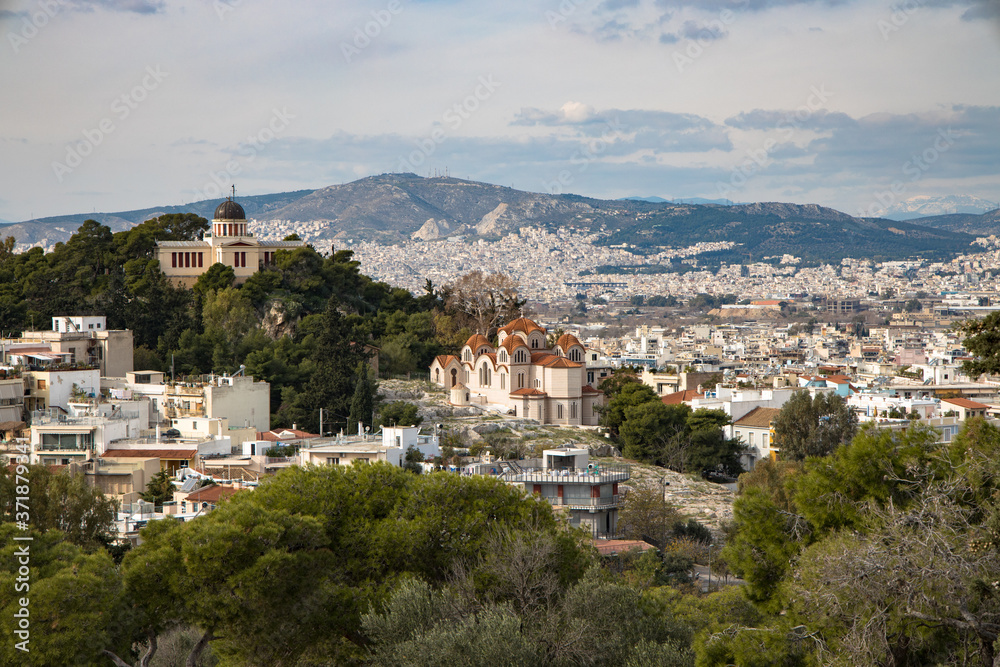 View over Athens featuring the Agia Marina, Greece