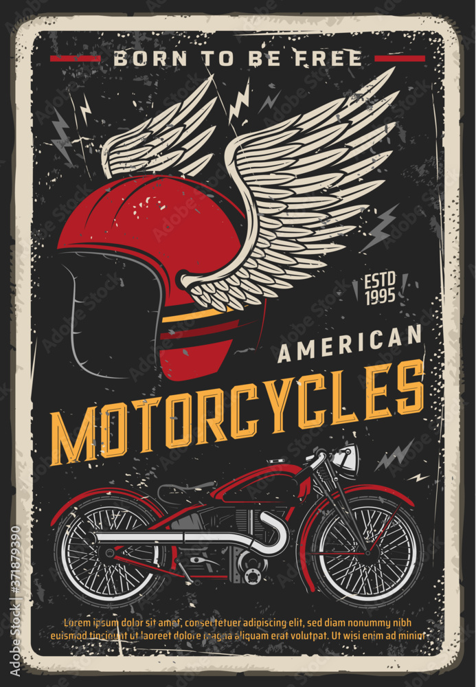 Motorcycle poster vintage, motorbike and biker racing vector retro sign.  Moto bike garage and classic chopper bike, American custom motorcycle  garage and road travel, helmet on wings, grunge poster Stock Vector