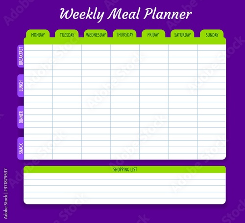 Weekly meal planner, vector food plan for week. Calendar menu for breakfast, lunch, dinner and snack with shopping list for grocery purchases. Diary template for housewife duties, dieting timetable