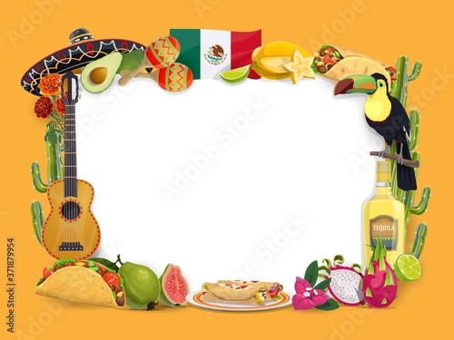 Cinco de Mayo vector frame, mexican holiday. Festive border with Mexico food and drink taco, enchilados and tequila with lime. Sombrero, guitar and toucan, cactus, carambola and dragon fruit with flag
