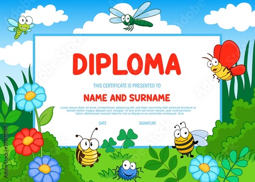 Kids diploma with cartoon vector insects cute bees, butterfly, dragonfly and spider on field with grass and colorful flowers under cloudy sky. Kid school diploma template, kindergarten certificate