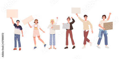 Group of protesting people with posters and banners. Strike and mass action vector illustration. Peace parade