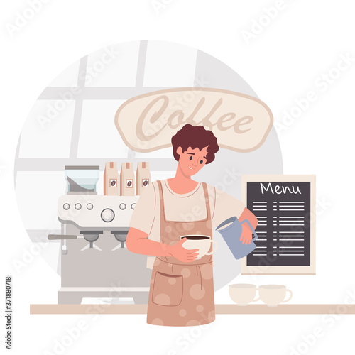 Barista in coffee shop. Man in apron making coffee, offering takeaway cup. Cafe concept. Vector illustration