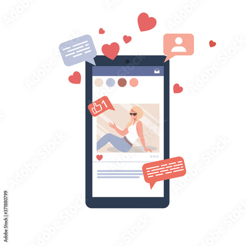 Girl influencer in a social media post. Thumb up, comments and share vector illustration