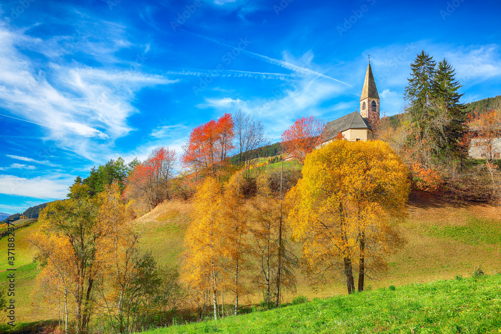 Marvelous autumn scene of magnificent  Santa Maddalena village in Dolomites