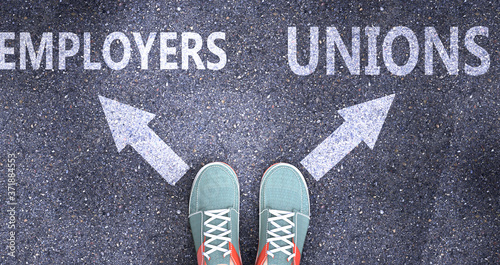 Tableau sur toile Employers and unions as different choices in life - pictured as words Employers,