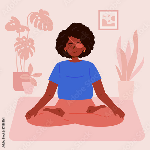Disabled blind woman with bandage practices yoga in her room.Daily activities and fun.Home interior.Mindfulness practices.Meditative pose.Vector flat style cartoon illustration.