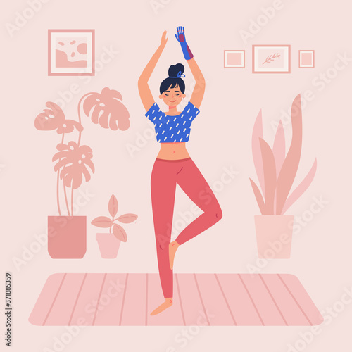 Disabled woman with bionic hand practices yoga in her room.Daily activities and fun.Home interior.Mindfulness practices.Meditative pose.Vector flat style cartoon illustration.