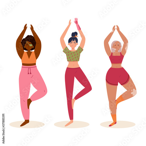 Disabled women practice yoga.Daily activities and fun.Woman with prosthetic arm,blind and woman with vitiligo.Mindfulness practices.Meditation.Vector flat style illustration on white background.