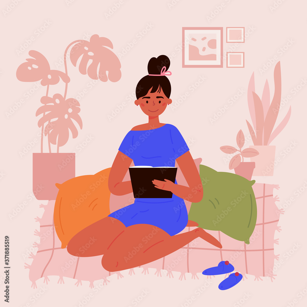 Obraz premium Young woman reading book in her room.Daily activities and fun.Home interior.Relax practices.Home education.Meditative pose.Vector flat style cartoon illustration.