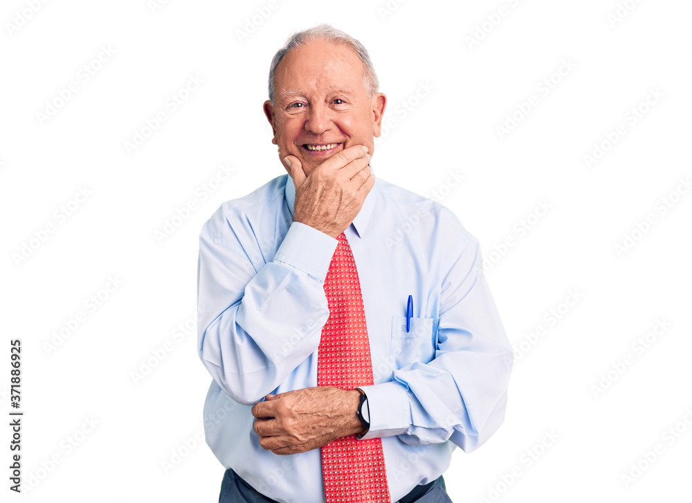 Senior handsome grey-haired man wearing elegant tie and shirt looking confident at the camera smiling with crossed arms and hand raised on chin. thinking positive. Senior handsome grey-haired man wearing elegant tie and shirt looking confident at the camera smiling with crossed arms and hand raised on chin. thinking positive.