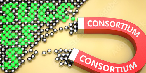 Consortium attracts success - pictured as word Consortium on a magnet to symbolize that Consortium can cause or contribute to achieving success in work and life, 3d illustration