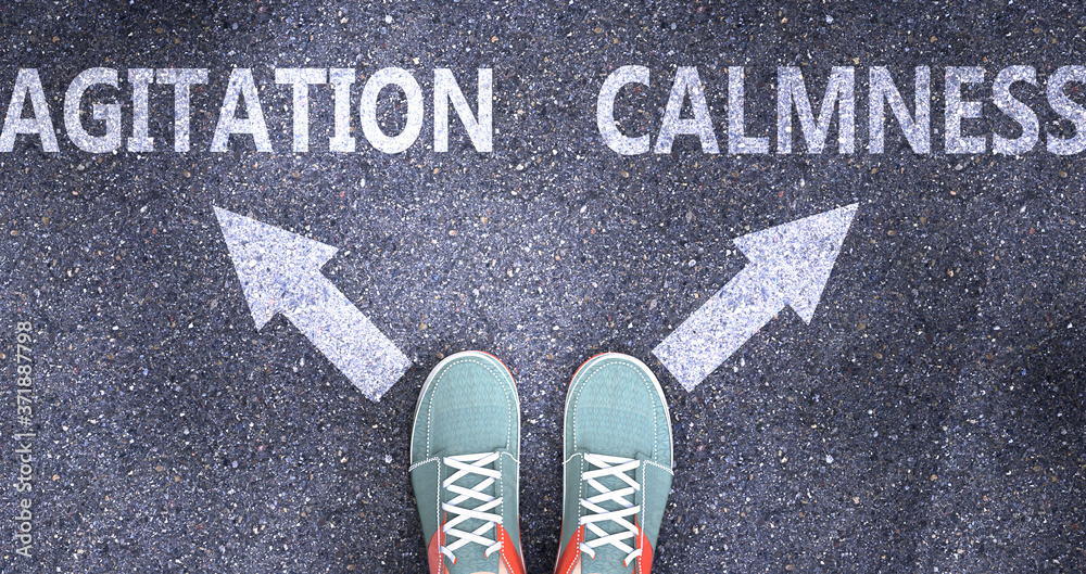 Agitation and calmness as different choices in life - pictured as words Agitation, calmness on a road to symbolize making decision and picking either one as an option, 3d illustration Agitation and calmness as different choices in life - pictured as words Agitation, calmness on a road to symbolize making decision and picking either one as an option, 3d illustration