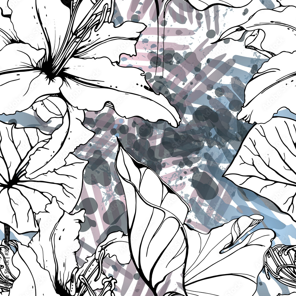 Fototapeta premium Floral Black White Pattern. Modern Watercolor