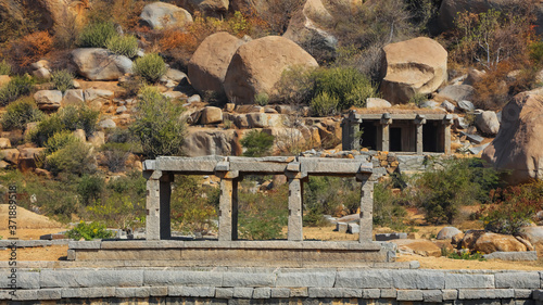 Hampi,Karnataka, India - December 31,2018:The ruins of Hampi of the 14th Century lie scattered in about a 26 sq. km area , is also a UNESCO World Heritage Site located in east-central Karnataka, India photo