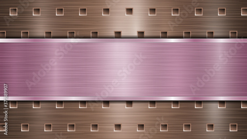 Background of bronze perforated metallic surface with holes and horizontal purple polished plate with a metal texture, glares and shiny edges