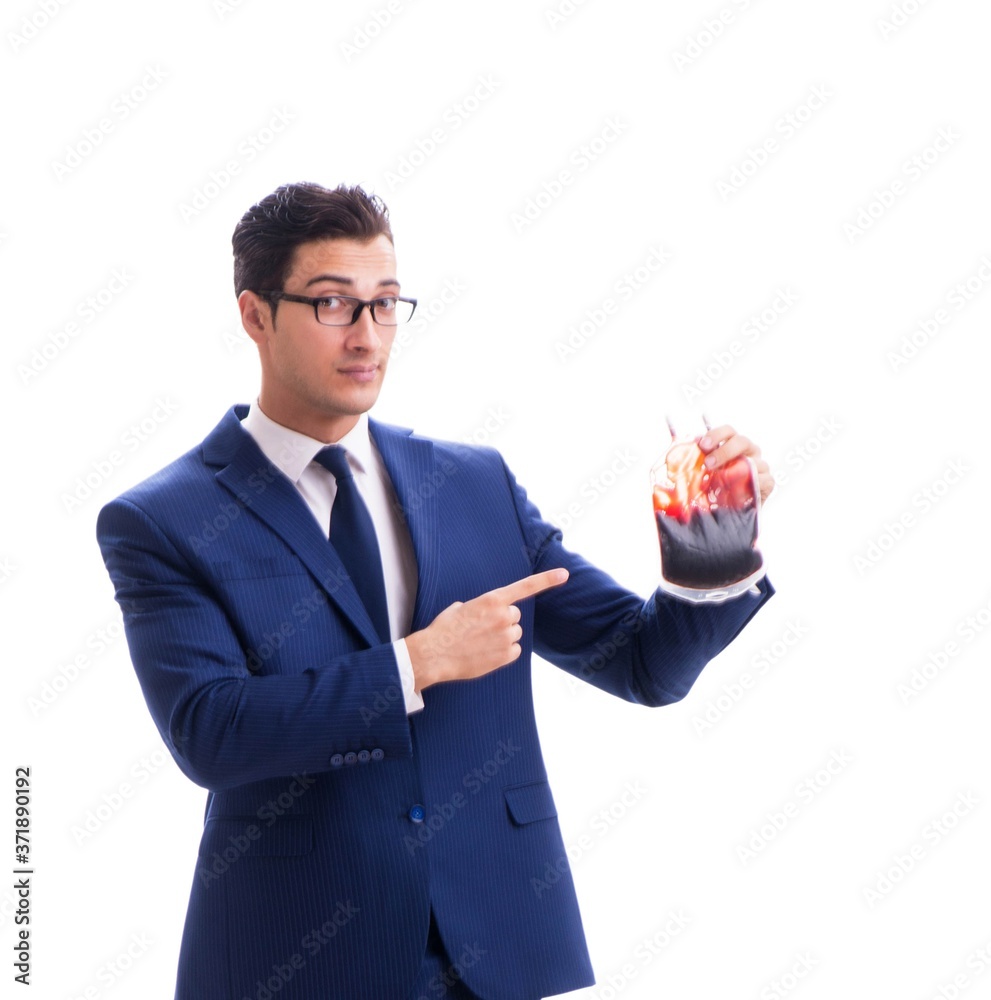 Businessman with blood bag isolated on white Businessman with blood bag isolated on white