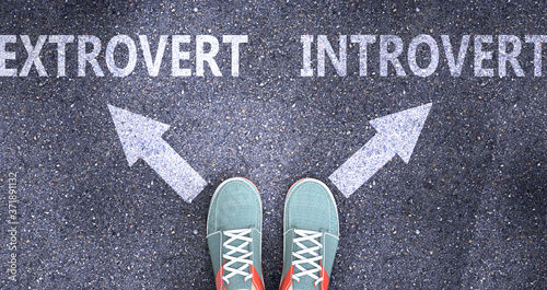 Extrovert and introvert as different choices in life - pictured as words Extrovert, introvert on a road to symbolize making decision and picking either one as an option, 3d illustration photo