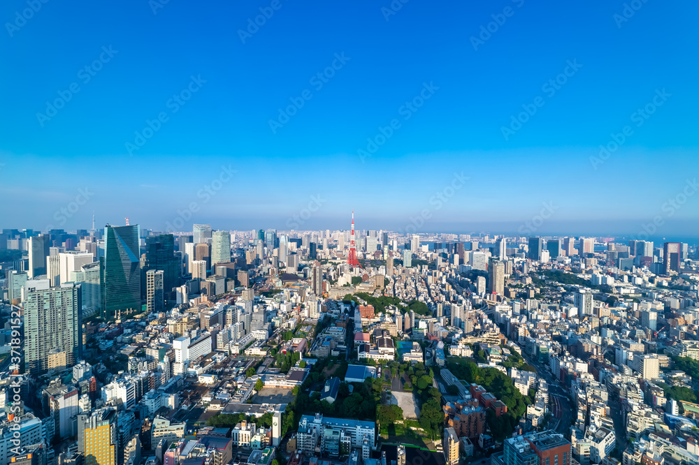 東京都港区六本木の高層ビルの展望台から見た東京の都市景観