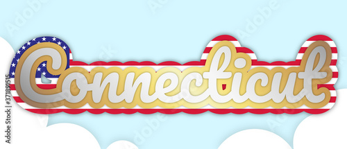  Connecticut  banner  big bold stroke style text. Editable removable background. Gold and silver script on the US flag  in sky with clouds. Vector Illustration.