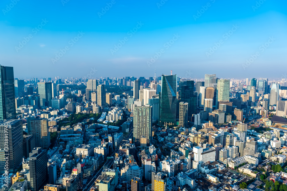 東京都港区六本木の高層ビルの展望台から見た東京の都市景観