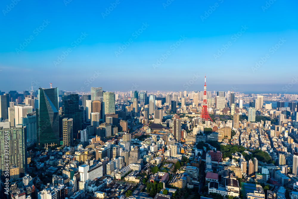 東京都港区六本木の高層ビルの展望台から見た夕方の東京の都市景観