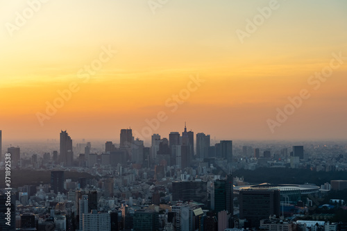東京都港区六本木の高層ビルの展望台から見た夕方の東京の都市景観 © zu_kuni