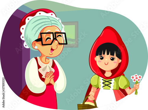 Little Red Riding Hood Visiting Her Grandmother Vector Illustration