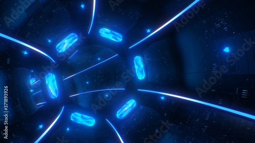 Fly in Futuristic Sci-Fi Spaceship Tunnel of Blue Neon Glow Lights - Abstract Background Texture