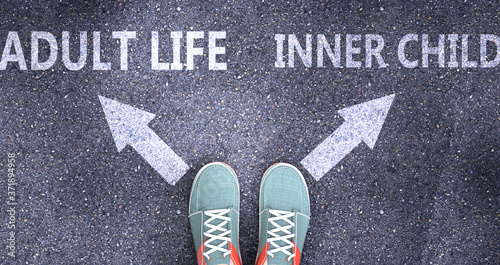 Billede på lærred Adult life and inner child as different choices in life - pictured as words Adul