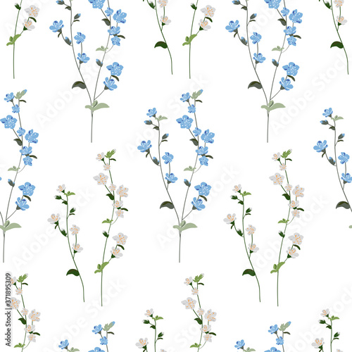 Botanical hand drawing seamless pattern. Branches with flowers and leaves. Trendy abstract vector texture. Fashion print  fabric  design. Hand drawn blue and grey flowers on white background