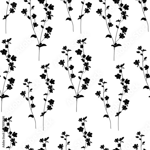Trendy black and white vector texture. Monochrome floral seamless pattern. Fashion, ditsy print, fabric, wallpaper, design. Hand drawn wild field flowers and leaves on white backgroud