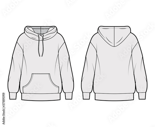 Oversized cotton-fleece hoodie technical fashion illustration with pocket, relaxed fit, long sleeves. Flat outwear jumper apparel template front, back grey color. Women, men, unisex sweatshirt top CAD