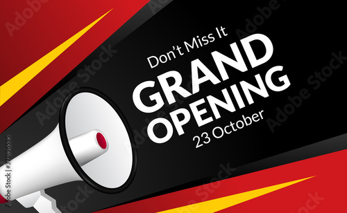 announcement grand opening with megaphone speaker at corner. flayer marketing banner template for business re open ceremony.
