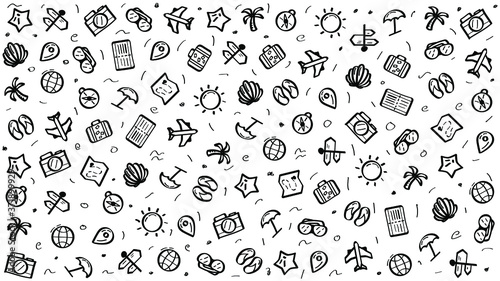 Abstract Doodle Elements Hand Drawn Collection Travel Tourism Sketch Vector Design Style Background Summer Sun Compass Camera Plane Glasses Ticket Illustration Icons