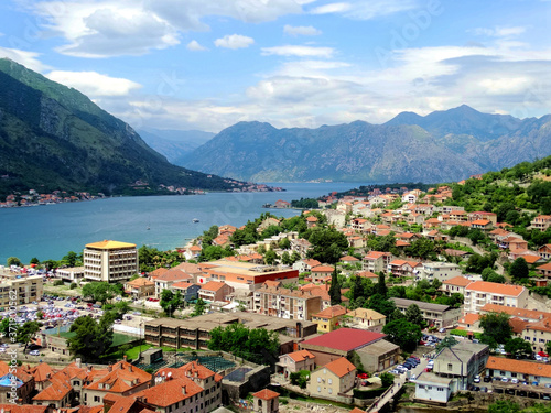 Aerial view of Kotor bay and old city in Kotor, Montenegro. Kotor is a coastal town in a secluded Gulf of Kotor, its preserved medieval old town is an UNESCO World Heritage Site. 