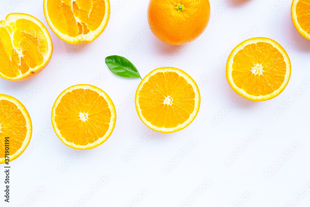 High vitamin C, Juicy and sweet. Fresh orange fruit on white. High vitamin C, Juicy and sweet. Fresh orange fruit on white.