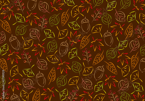 紅葉やイチョウなど秋の模様背景　手書き風の小柄　横
