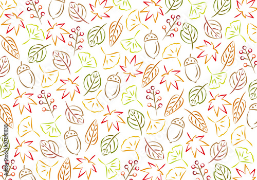 紅葉やイチョウなど秋の模様背景　手書き風の小柄　横