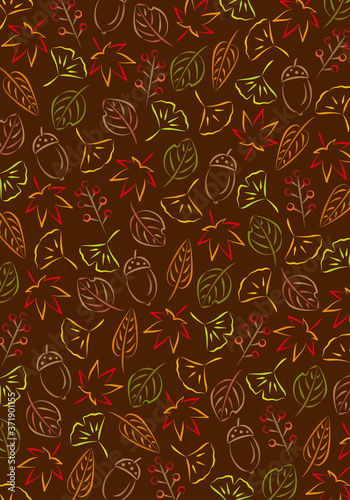紅葉やイチョウなど秋の模様背景　手書き風の小柄　縦
