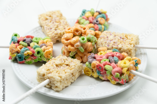 White and colorful marshmallow square bar or rice crispy treats photo