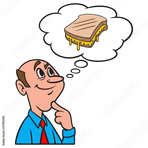 Thinking about a Grilled Cheese Sandwich - A cartoon illustration of a man thinking about eating a Grilled Cheese Sandwich.